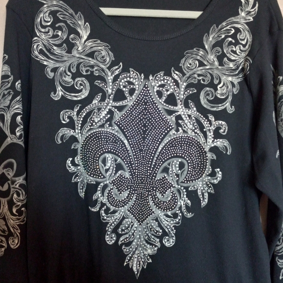 Y2K Fleur De Lis Rhinestone Mcbling Long Sleeve Shirt - Picture 2 of 9